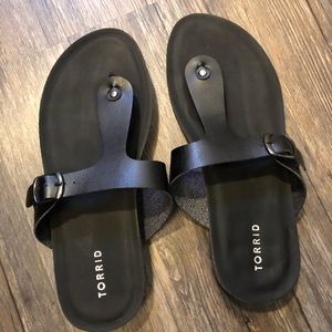 Black faux leather T-strap sandal (wide width)